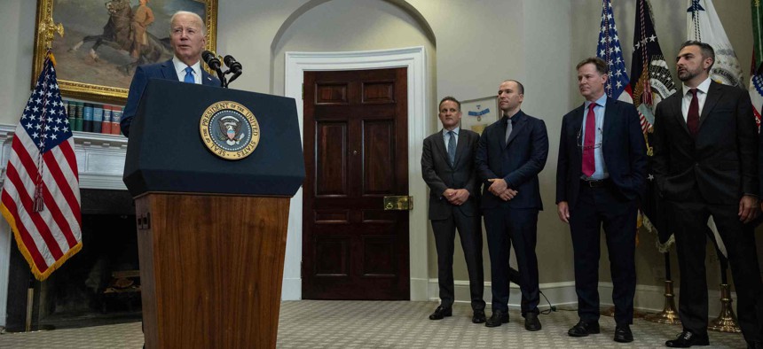 President Joe Biden speaks about artificial intelligence in the White House alongside tech executives (L to R) Adam Selipsky, CEO of Amazon Web Services; Greg Brockman, President of OpenAI; Nick Clegg, President of Meta; and Mustafa Suleyman, CEO of Inflection AI  on July 21, 2023. 