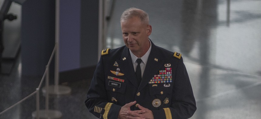 Lt. Gen. Scott Berrier, head of the Defense Intelligence Agency, speaks at a service event in October 2020