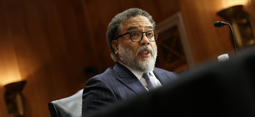 Harry Coker Jr., President Joe Biden's nominee to be the next National Cyber Director, testifies during his confirmation hearing before the Senate Homeland Security and Governmental Affairs Committee.