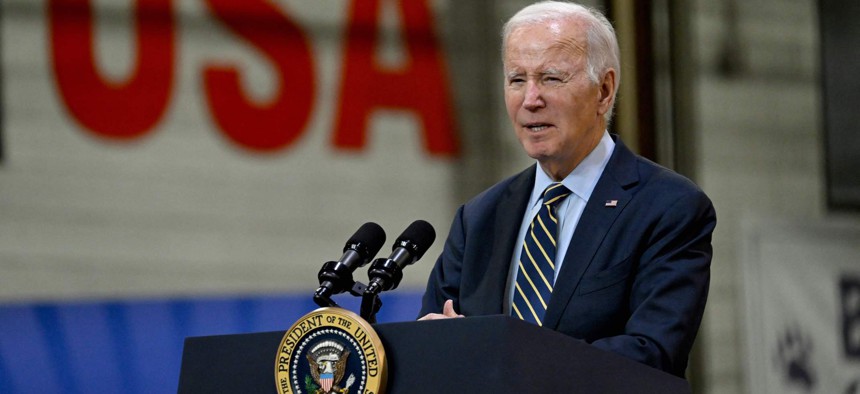 President Biden speaks at an Amtrak facility in New Castle County, Del., on November 6, 2023