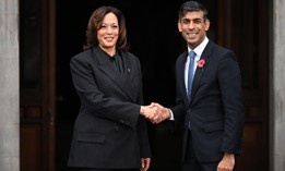 British Prime Minister Rishi Sunak (R) greets U.S. Vice President Kamala Harris on the second day of the recent AI Safety Summit at Bletchley Park in Bletchley, England. The two countries just agreed to secure-by-design guidelines for the development of AI applications.
