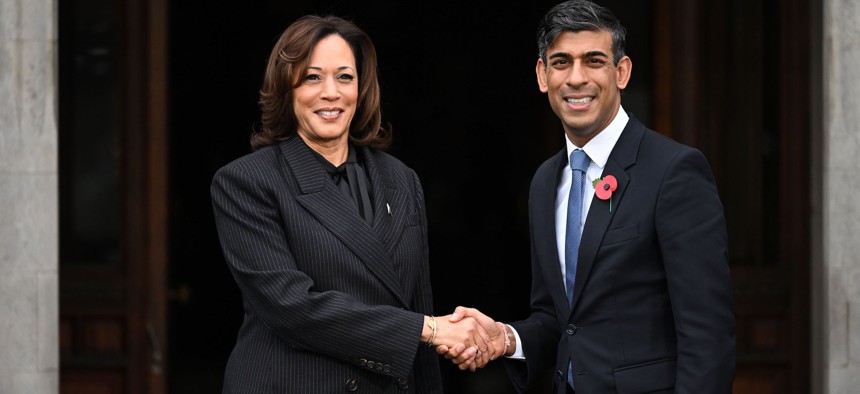 British Prime Minister Rishi Sunak (R) greets U.S. Vice President Kamala Harris on the second day of the recent AI Safety Summit at Bletchley Park in Bletchley, England. The two countries just agreed to secure-by-design guidelines for the development of AI applications.