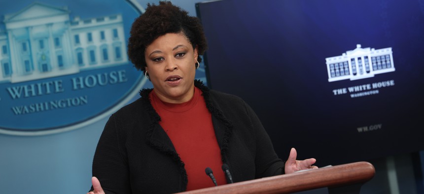 WASHINGTON, DC - SEPTEMBER 29: Director of the U.S. Office of Management and Budget Shalanda Young speaks at the daily press briefing at the White House on September 29, 2023 in Washington, DC. 