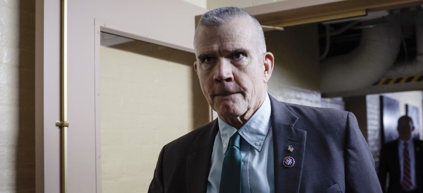 WASHINGTON, DC - OCTOBER 19: Rep. Matthew Rosendale (R-MT) arrives to a meeting with House Republicans at the U.S. Capitol Building on October 19, 2023 in Washington, DC.  Rosendale said Monday he would be introducing legislation to improve oversight of VA's benefits programs. 