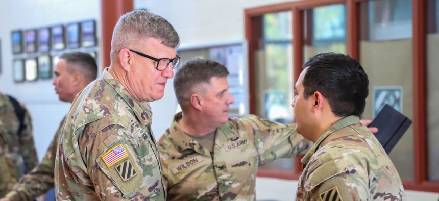 Gen. James Rainey, left, Commanding General of U.S. Army Futures Command, visits the Marne Innovation Center at Fort Stewart, Georgia, Dec. 11, 2023.
