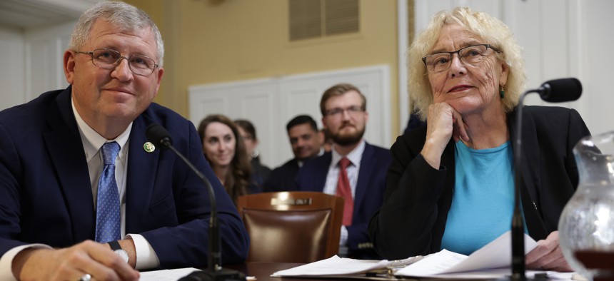 Reps. Frank Lucas , R-Okla, and Zoe Lofgren, D-Calif., shown here at a Rules Committee Hearing in July 2023, are leading a push to make sure AI grant funding from NIST is awarded transparently.