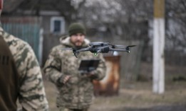 Ukrainian military practice operating a DJI Mavic 3 quadcopter drone on January 18, 2023, in Paraskoviivka, Donetsk Oblast, Ukraine. 