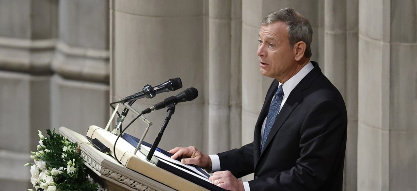Chief Justice John Roberts speaks at the funeral of retired Associate Justice Sandra Day O'Connor on Dec. 19, 2024 at Washington National Cathedral in Washington, D.C.