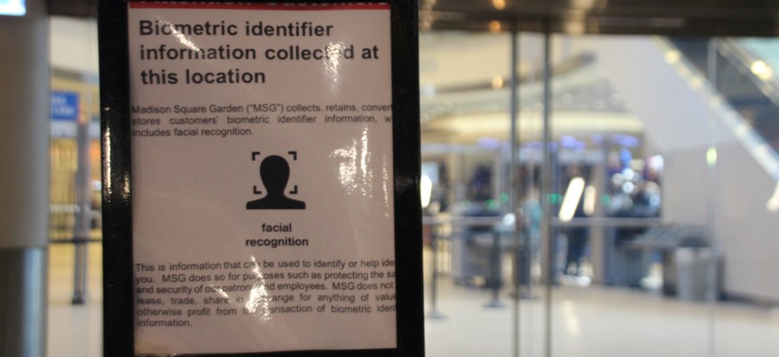 A sign at New York City's Madison Square Garden alerts visitors to the use of facial recognition technology