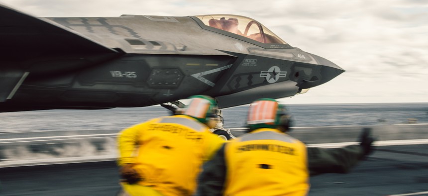 An F-35C Lightning II assigned to Strike Fighter Squadron (VFA) 125 launches off the flight deck of Nimitz-class aircraft carrier USS George Washington (CVN 73) Jan. 19, 2024. 