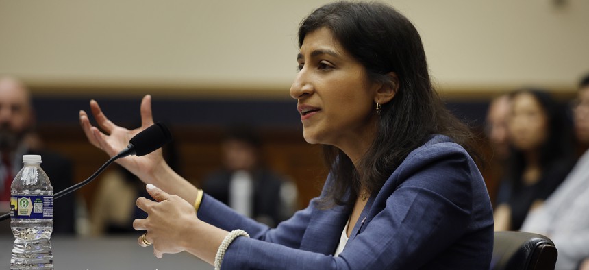 FTC Chair Lina Khan, shown here testifying before a House committee in July 2023, is looking into anti-competitive practices among big tech companies using AI.