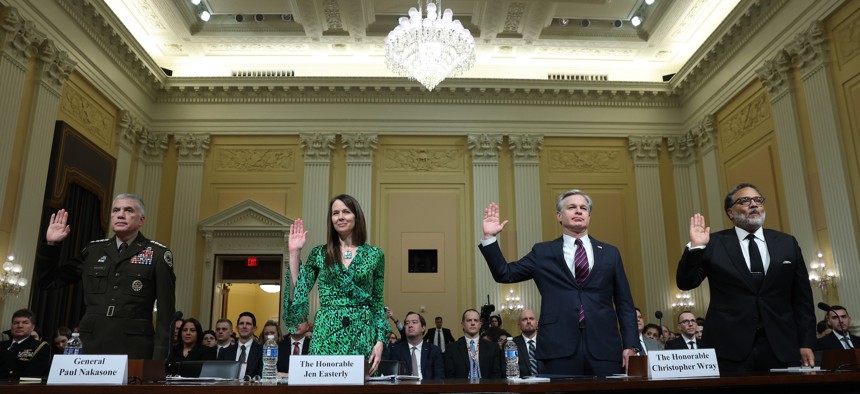 (L-to-R) Gen. Paul Nakasone, commander, U.S. Cyber Command; Jen Easterly, director, Cybersecurity and Infrastructure Security Agency, FBI Director Chris Wray, National Cyber Director Harry Coker. The four leaders testified at a House hearing on cybersecurity threat from China on Wednesday.