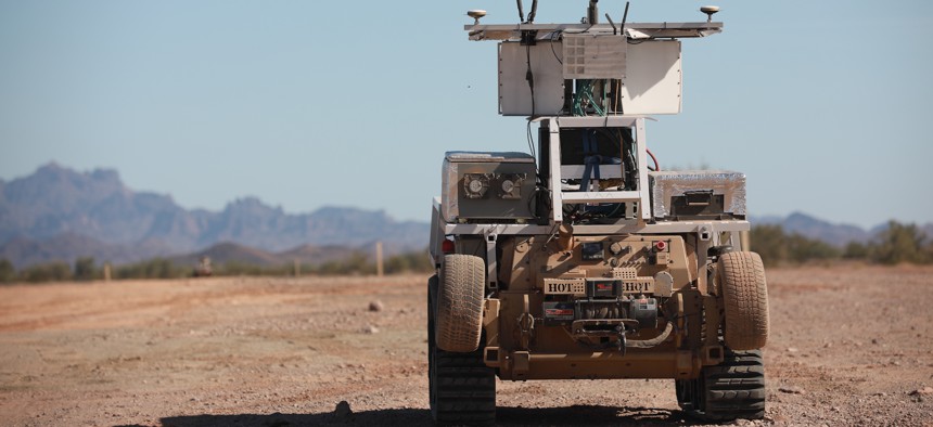 A robotic combat vehicle goes through its paces at a 2021 exercise at the Yuma Proving Grounds in Arizona.