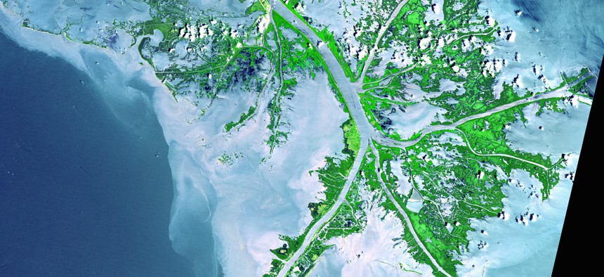 An enhanced satellite-generated image of the Mississippi Delta from 2001.