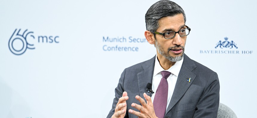 Google CEO Sundar Pichai speaks at the opening of the 60th Munich Security Conference. Google was among 20 tech firms that affirmed commitments to counter and deter harmful AI-generated election content at the conference on February 16, 2024.