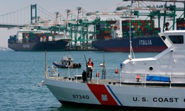 A Coast Guard vessel on patrol in the Port of Long Beach in California.