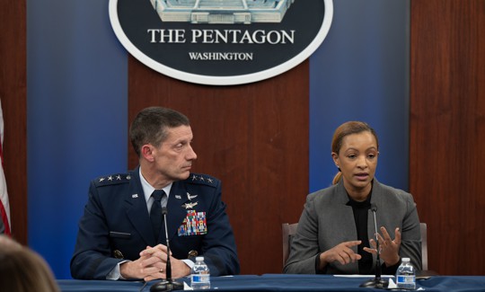 Lily Zekele, then defense deputy CIO for information environment, briefs reporters about a Pentagon cloud program alongside U.S. Air Force Lt. Gen. Robert Skinner in December 2022.