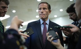 Sen. Richard Blumenthal, shown here taking questions from reporters in September 2023, is looking to ensure U.S. technology isn't used by Russian forces against Ukraine.