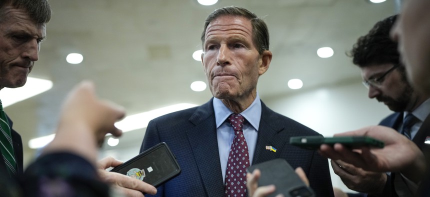 Sen. Richard Blumenthal, shown here taking questions from reporters in September 2023, is looking to ensure U.S. technology isn't used by Russian forces against Ukraine.