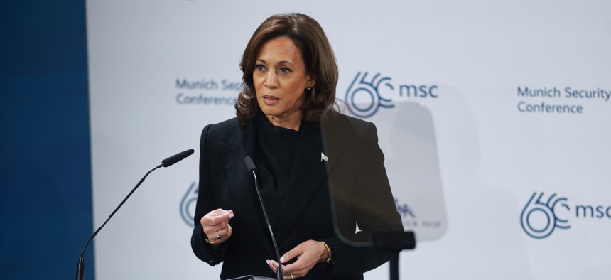 Kamala Harris speaks at the 2024 Munich Security Conference on February 16.