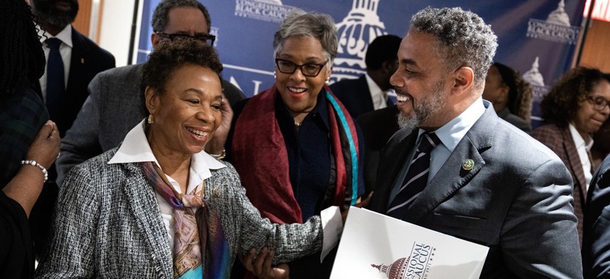 From right, Reps. Steven Horsford, D-Nev., chairman of the Congressional Black Caucus, Joyce Beatty, D-Ohio, and Barbara Lee, D-Calif., conclude a news conference following the CBC's National Summit on Democracy & Race. The CBC announced Feb. 28 that it would be holding a policy series on AI.