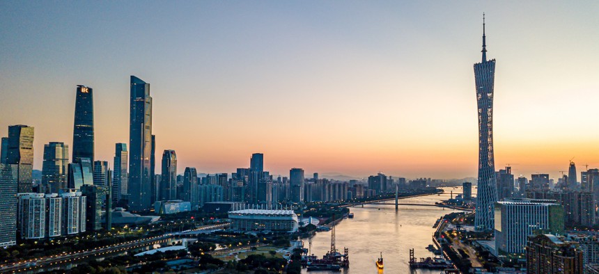 The Guangzhou skyline at sunrise on New Year's Day on January 1, 2021.