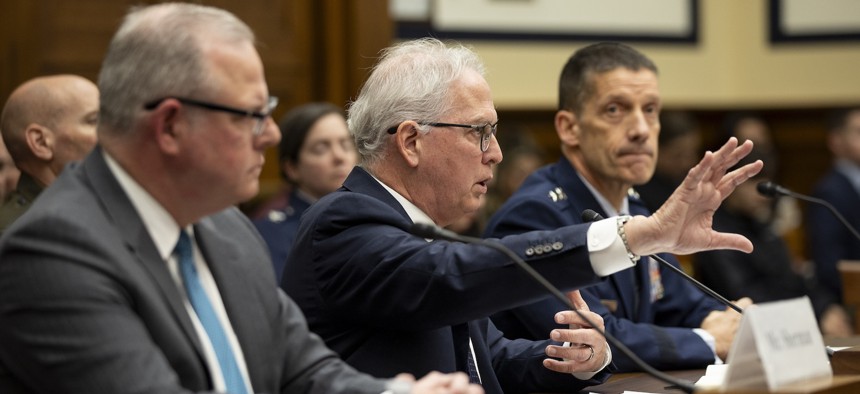 Outgoing Pentagon AI chief Craig Martell makes a point at a March 22, 2024 hearing of the House Armed Services Committee. He's flanked by Chief Information Officer John Sherman (L) and Air Force Lt. Gen. Robert J. Skinner, director of the Defense Information Systems Agency.