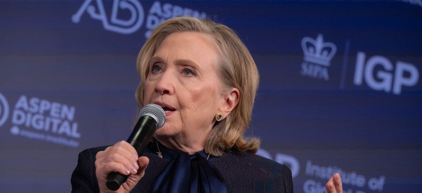 Former Secretary of State and Democratic Party presidential nominee Hillary Clinton discussed deepfakes and other AI-powered tech that could impact elections at an event in New York City on March 28, 2024.