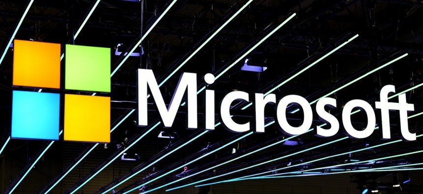 The Microsoft sign at the Mobile World Congress 2024 in Barcelona, Spain.