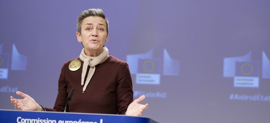 EU technology policy official Margrethe Vestager, shown here at a press conference in February 2024, says she's hopeful US-EU conversations about AI safety will lead to "tangible" cooperation.