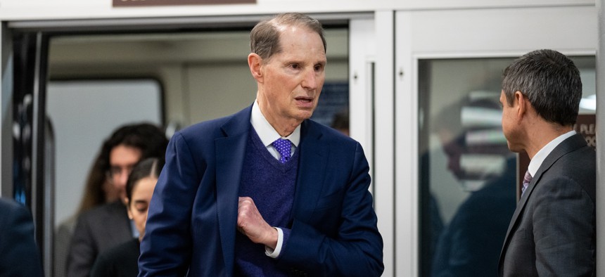 Oregon Democrat Sen. Ron Wyden, shown here arriving at the Capitol for a vote in January 2024, is looking to apply new standards to collaboration tools acquired by the federal government. 
