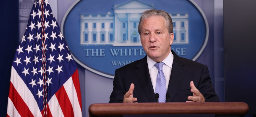 White House advisor Gene Sperling briefs reporters from the press room in August 2021. Sperling is backing a plan to invest resources into antifraud measures to secure government benefits programs.
