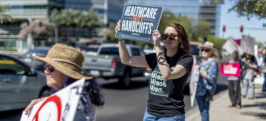 Protestors at an abortion rights rally in Phoenix on April 14, 2024. The federal government released a new rule designed to put limits on the ability of hospitals and other care providers to disclose reproductive health information.