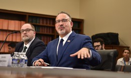 U.S. Secretary of Secretary of Education Miguel Cardona (R) testifies before the House Appropriations Subcommittee on the Department of Education 2025 budget at Capitol Hill on April 10, 2024.