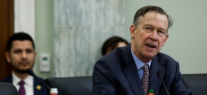 Sen. John Hickenlooper (D-CO) speaks at a hearing with the Senate Commerce, Science and Transportation Committee on Capitol Hill on March 01, 2023 in Washington, DC.