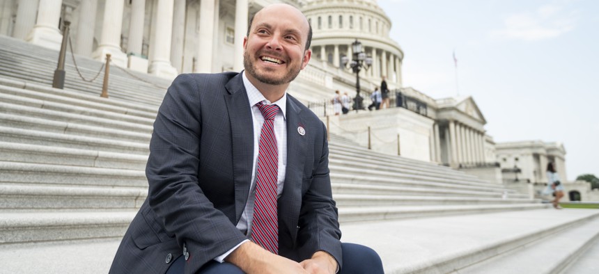 Rep. Andrew Garbarino, R-N.Y., shown here on the Capitol steps in July 2021, is looking to overturn cyber incident disclosure regulations put in place by the Securities and Exchange Commission.