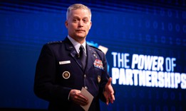 Air Force Gen. Timothy Haugh, Commander of U.S. Cyber Command and Director of National Security Agency, speaks at the U.S. Cyber Command Legal Conference at Joint Base Andrews, Md. on April 9, 2024. CYBERCOM is teaming up with DARPA on cyber warfare research.