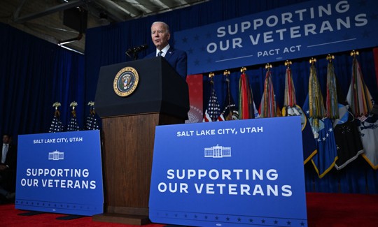 President Biden celebrates the 1-year anniversary of the passage of the PACT Act at George E. Wahlen Department of Veterans Affairs Medical Center in Salt Lake City, Utah, on August 10, 2023. The administration recently marked one million claims approved under the legislation.
