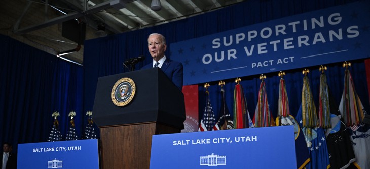 President Biden celebrates the 1-year anniversary of the passage of the PACT Act at George E. Wahlen Department of Veterans Affairs Medical Center in Salt Lake City, Utah, on August 10, 2023. The administration recently marked one million claims approved under the legislation.