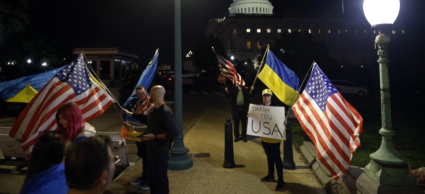  Supporters of Ukraine rally outside the U.S. Capitol after the Senate passed a foreign aid bill on April 23, 2024 in Washington, D.C. Oversight of U.S. aid to Ukraine is supervised by a special inspector general.