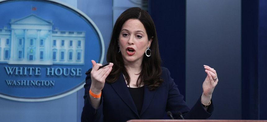 Deputy National Security Advisor Anne Neuberger, shown here briefing reporters at the White House in March 2022, announced an effort to persuade tech companies to support cybersecurity at rural hospitals.