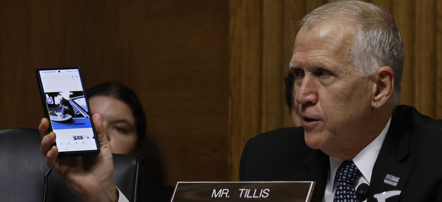 Sen. Thom Tillis, R-N.C., shown here at a 2023 hearing, is cosponsoring legislation to reduce risk in AI procurement by federal agencies.