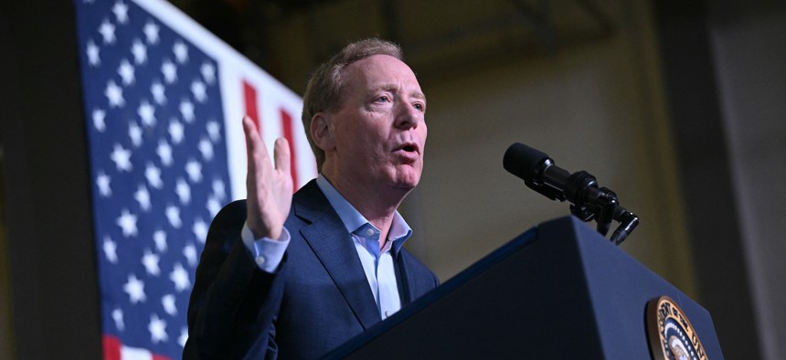 Microsoft President Brad Smith speaks at an event at Gateway Technical College’s iMet Center on May 08, 2024 in Sturtevant, Wisconsin.
