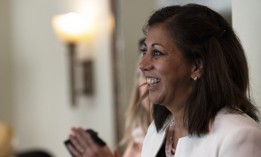Defense Department official Radha Plumb attends a meeting of the Defense Business Board in August 2022. In recent remarks at an industry conference, Plumb said she's looking to expand engagement with cutting edge tech firms.