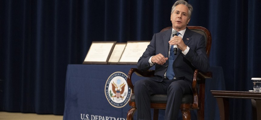 Secretary of State Antony Blinken speaks during "A Conversation on Artificial Intelligence" at the State Department, June 28, 2024.