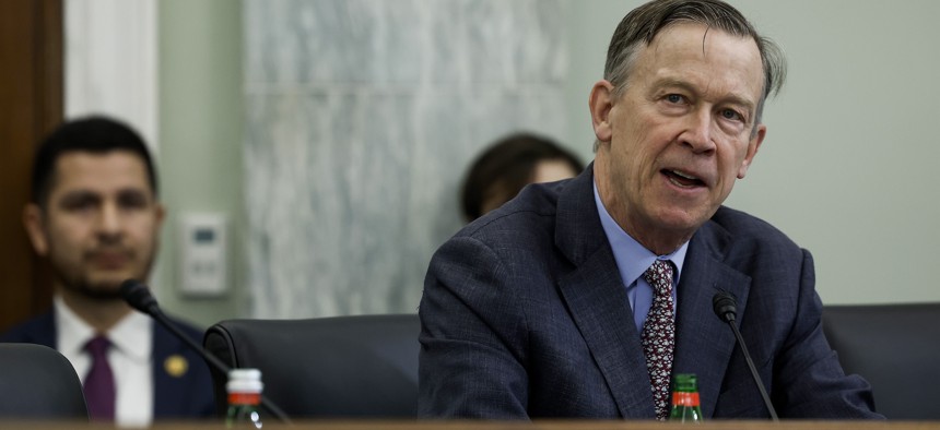 Sen. John HIckenlooper, D-Colo., shown here at a 2023 committee hearing, is backing legislation to put NIST in a key AI safety role. 