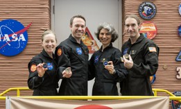 The CHAPEA crew egress from their simulated Mars mission July 6, 2024, at NASA’s Johnson Space Center in Houston. From left: Kelly Haston, Nathan Jones, Anca Selariu, and Ross Brockwell.