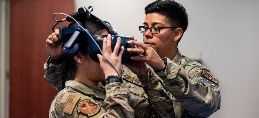Unit trainers from the 21st and 50th Security Forces Squadron conduct virtual simulator training on Peterson Space Force Base, Colorado, Feb. 13, 2024.