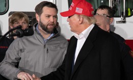 Senator JD Vance, R-Ohio, left, shakes hands with former President Donald Trump during an event in East Palestine, Ohio, on Feb. 22, 2023. Trump selected Vance as his running mate on Monday.