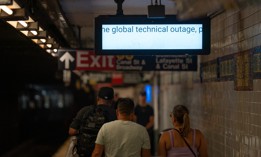 A sign in the New York City subway alerts riders that train information is unavailable due to a worldwide technology outage sparked by a faulty Crowdstrike update last week.